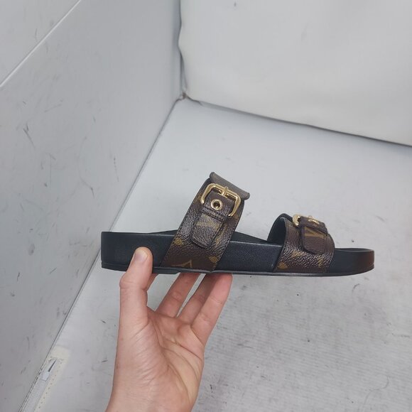 Louis Vuitton Brown Buckle Bom Dia Monogram Flat Slide Sandal - Picture 9 of 13